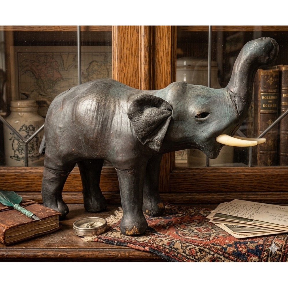 Vintage Leather Wrapped Elephant Figurine Trunk Up Good Luck Safari Decor 10"